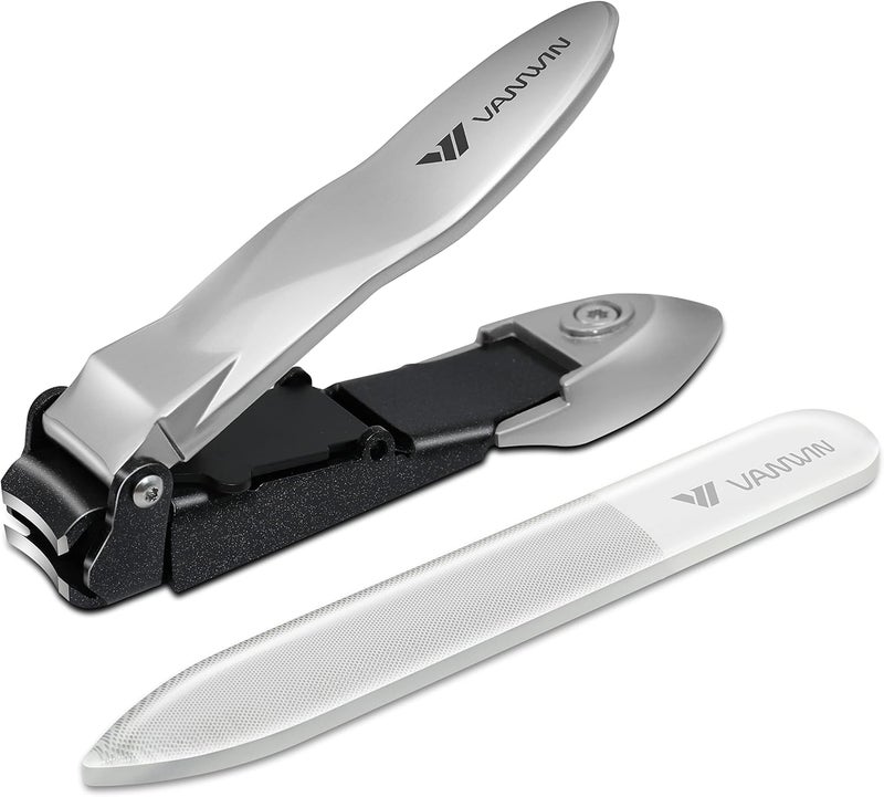 VANWIN Nail Clippers with Catcher, No Splash Fingernail Toenail Clippers with Sharp Curved Blade and Glass Nail File, Wide Jaw Opening Stainless Steel Nail Cutter Trimmer for Seniors Adult Men Women - Image 1